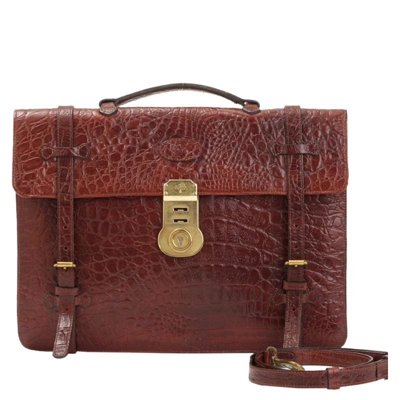 Mulberry Brown Croc Embossed Leather Business Briefcase For Men