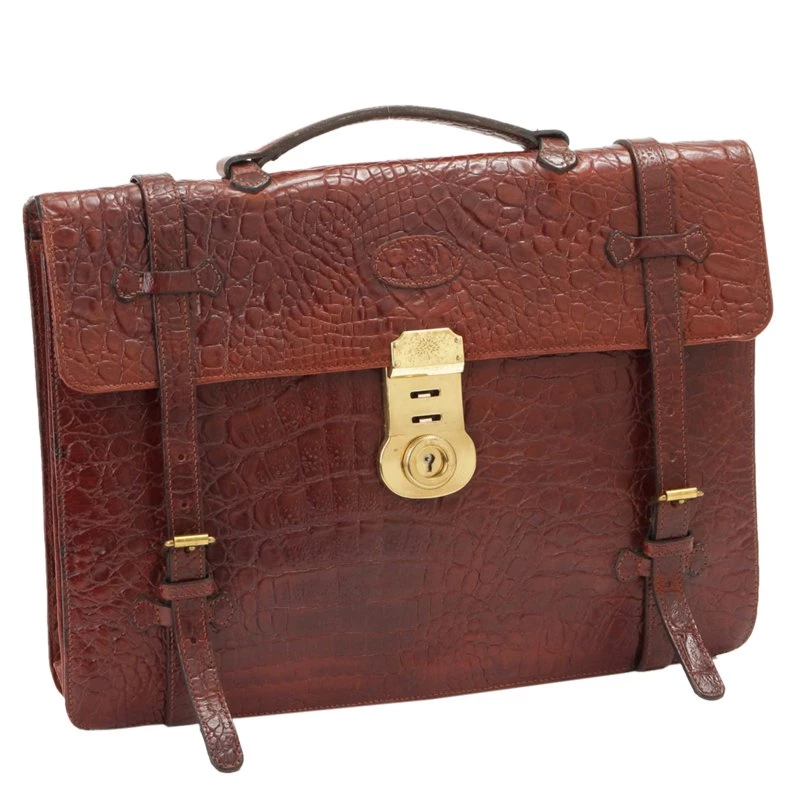 Mulberry Brown Croc Embossed Leather Business Briefcase For Men - Image 2