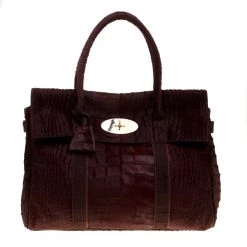 Mulberry Burgundy Croc Embossed Calfhair Bayswater Satchel For Women
