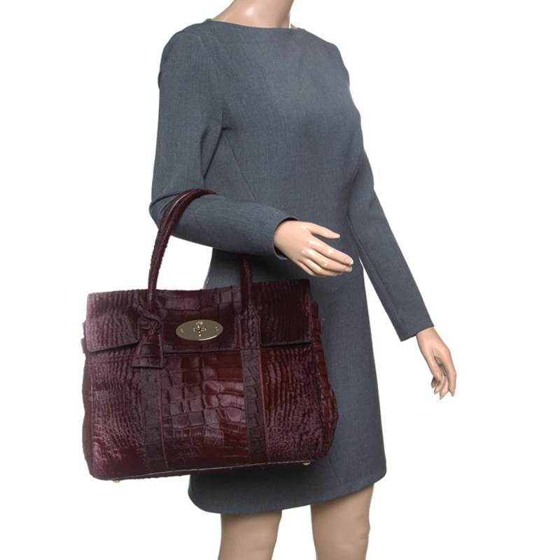 Mulberry Burgundy Croc Embossed Calfhair Bayswater Satchel For Women - Image 2