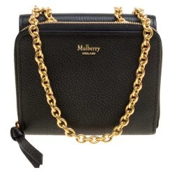 Mulberry Black Leather Clifton Wallet On Chain For Women