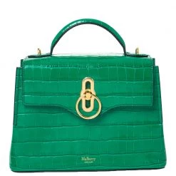 Mulberry Green Croc Embossed Leather Mini Seaton Top Handle Bag For Women