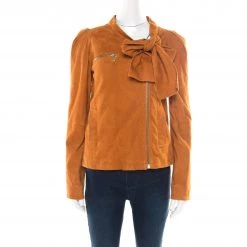 Mulberry Tan Brown Suede Floppy Bow Detail Biker Jacket S For Women