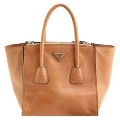 Mulberry Prada Camel Glace Calfskin Leather Twin Pocket Double Handle Tote For Women