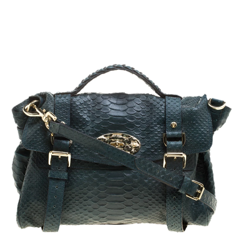 Mulberry Dark Green Silky Snake Print Leather Alexa Satchel For Women