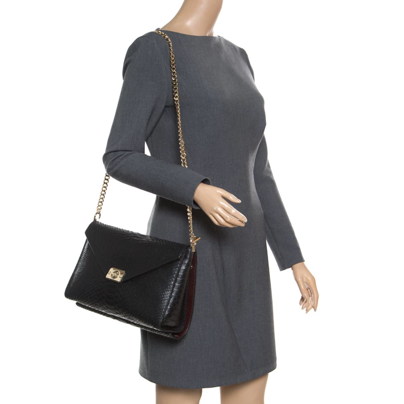 Mulberry Black/Burgundy Snakeskin Embossed Leather Delphie Duo Flap Shoulder Bag For Women - Image 2