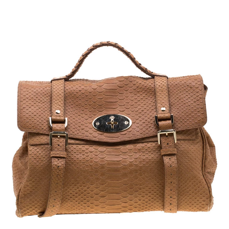 Mulberry Brown Python Embossed Leather Oversized Alexa Satchel For Women