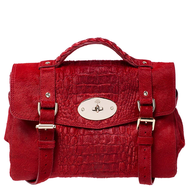 Mulberry Red Croc Embossed Calfhair Alexa Satchel For Women
