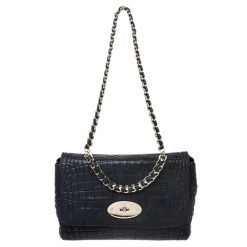 Mulberry Black Croc Embossed Leather Medium Lily Shoulder Bag For Women