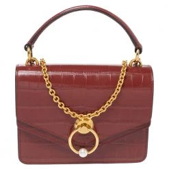 Mulberry Cinnamon Brown Croc Embossed Leather Small Harlow Top Handle Bag For Women