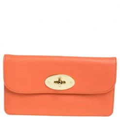 Mulberry Coral Orange Leather Postman Lock Flap Clutch For Women