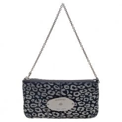 Mulberry Navy Blue/Silver Printed Suede Chain Wristlet Clutch For Women