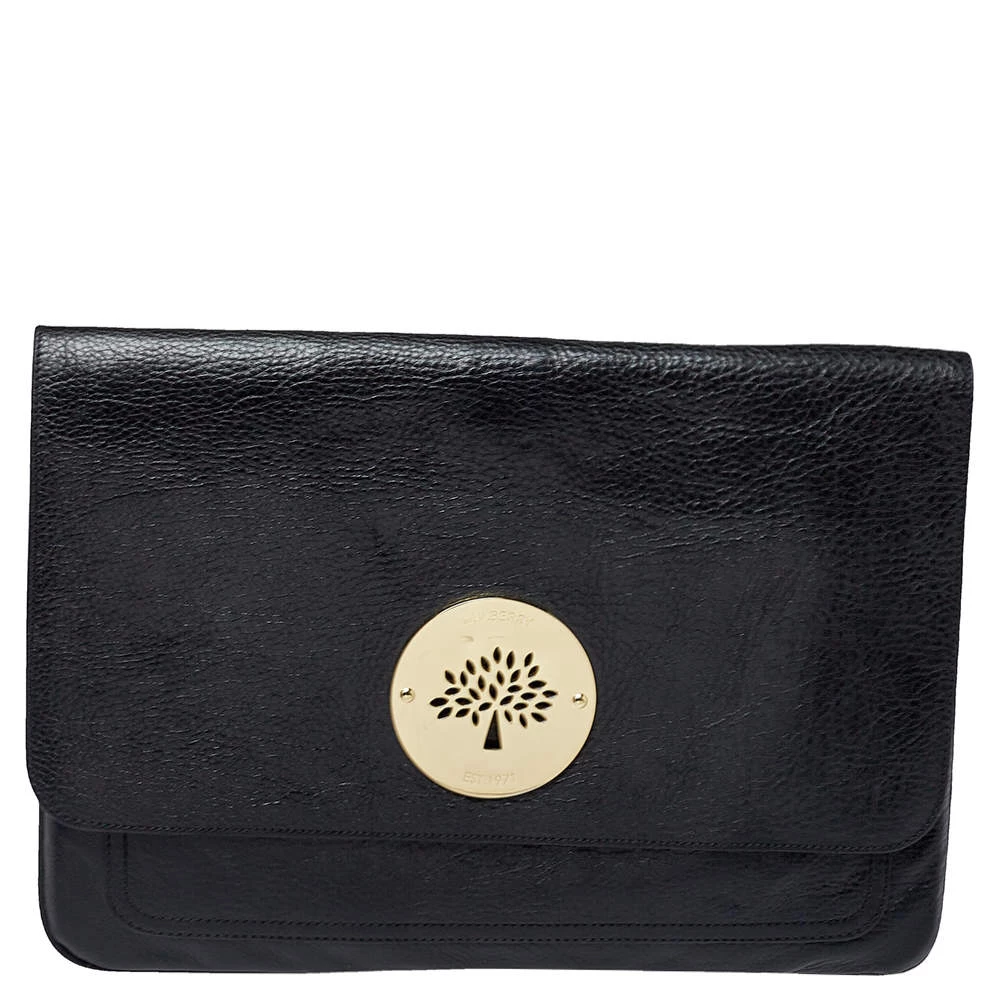 Mulberry Black Leather Oversized Clutch For Women