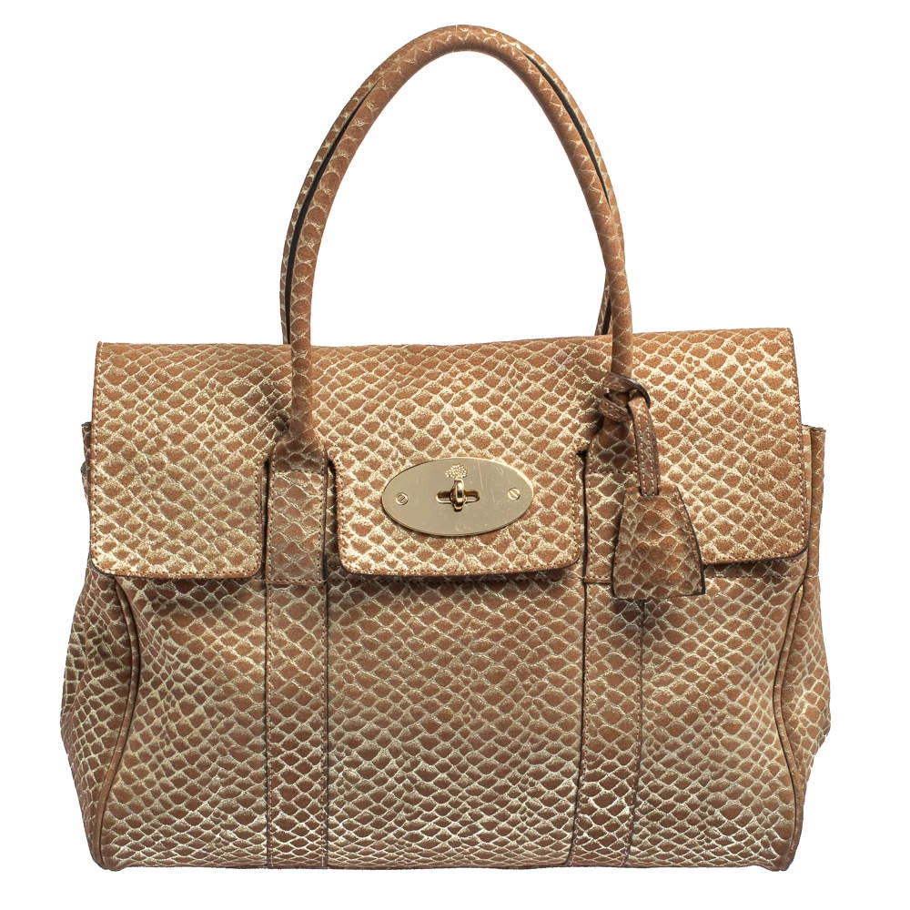 Mulberry Brown/Gold Snakeskin Effect Suede Bayswater Satchel For Women