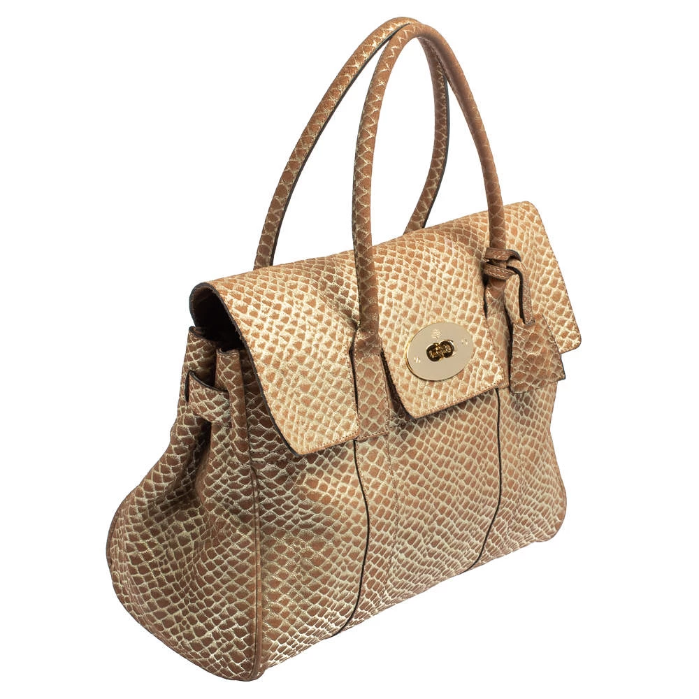 Mulberry Brown/Gold Snakeskin Effect Suede Bayswater Satchel For Women - Image 3