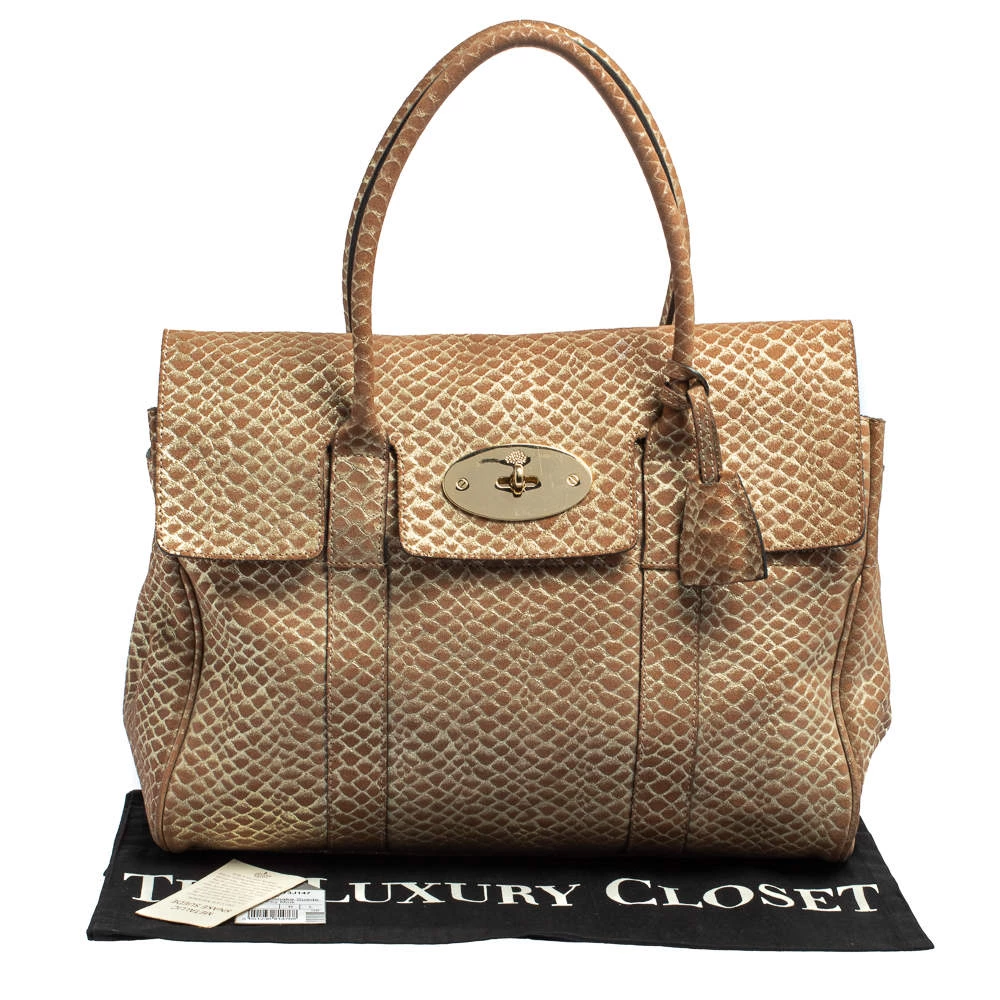 Mulberry Brown/Gold Snakeskin Effect Suede Bayswater Satchel For Women - Image 14