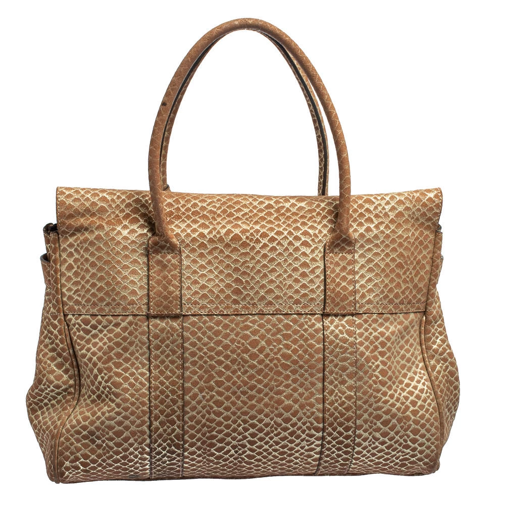 Mulberry Brown/Gold Snakeskin Effect Suede Bayswater Satchel For Women - Image 4