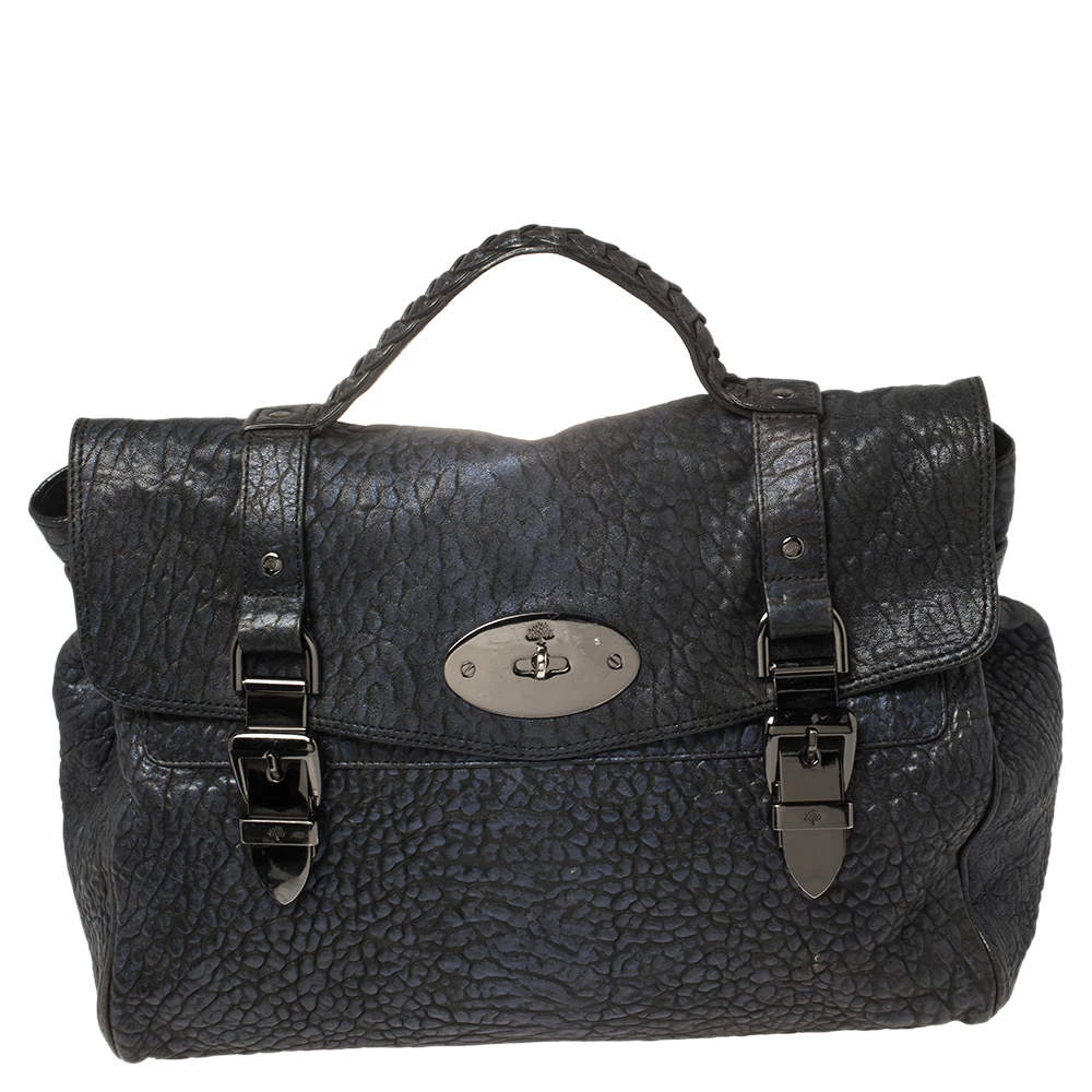 Mulberry Metallic Blue/Black Textured Leather Alexa Satchel For Women