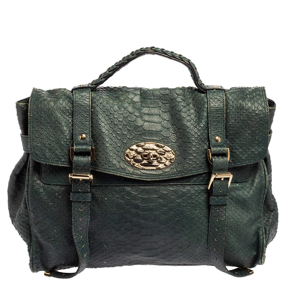 Mulberry Dark Teal Green Python Embossed Leather Oversized Alexa Satchel For Women