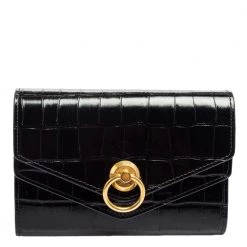 Mulberry Black Croc Embossed Glazed Leather Harlow Compact Wallet For Women