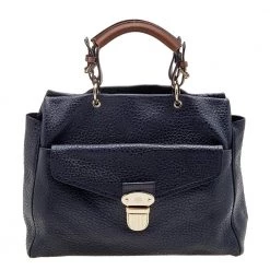 Mulberry Navy Blue/Brown Grained Leather Polly Push Lock Satchel For Women