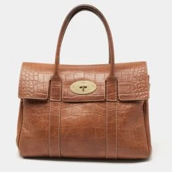 Mulberry Brown Croc Embossed Leather Bayswater Satchel For Women