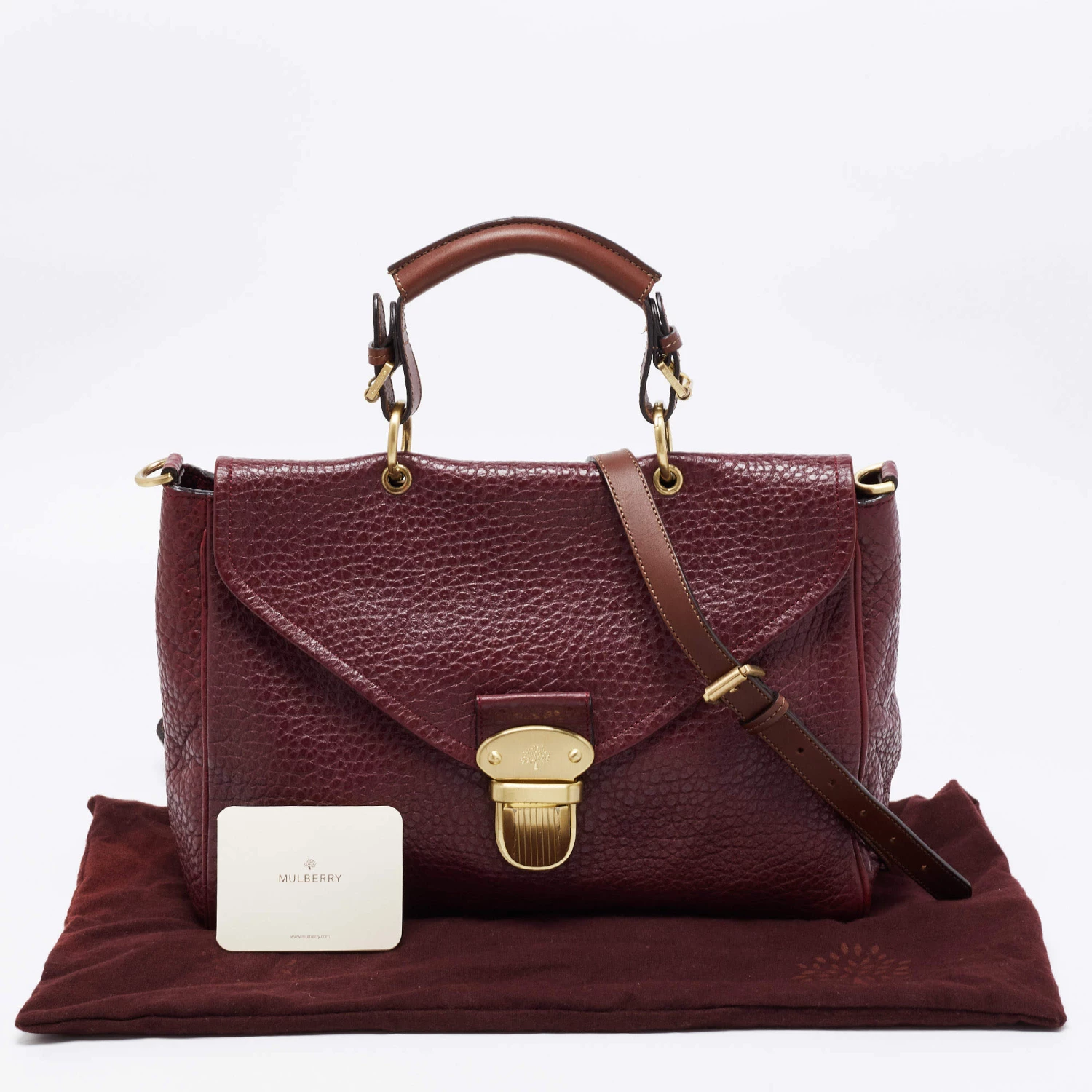 Mulberry Burgundy Grained Leather Polly Push Lock Top Handle Bag For Women - Image 12