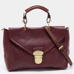 Mulberry Burgundy Grained Leather Polly Push Lock Top Handle Bag For Women