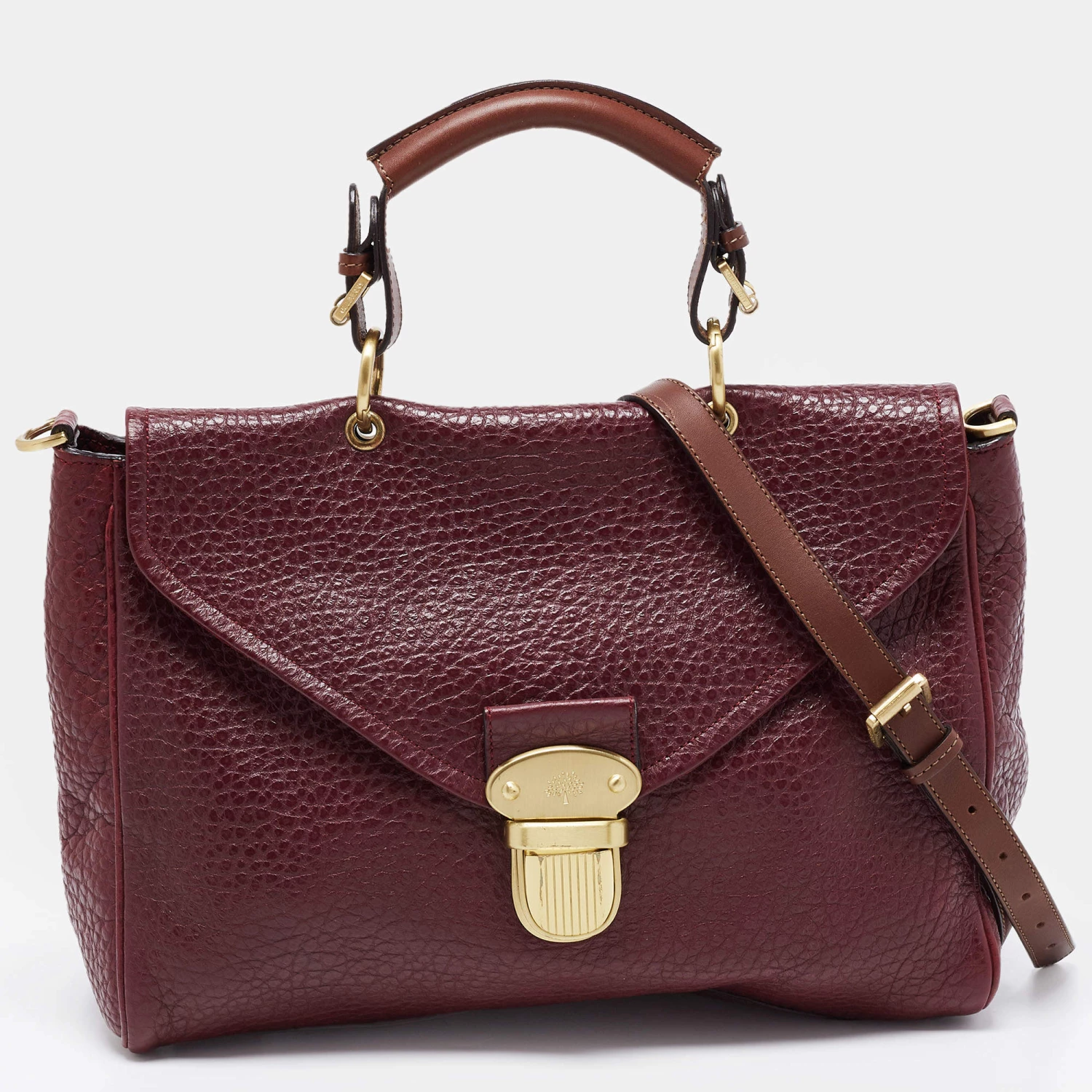 Mulberry Burgundy Grained Leather Polly Push Lock Top Handle Bag For Women