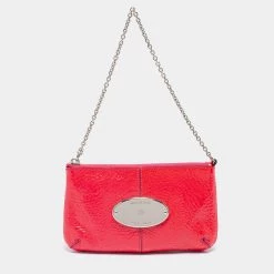 Mulberry Pink Crinkled Patent Leather Charlie Chain Clutch For Women