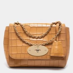 Mulberry Tan Croc Embossed Leather Small Lily Shoulder Bag For Women