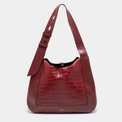 Mulberry Burgundy Croc Embossed Leather Marloes Hobo For Women